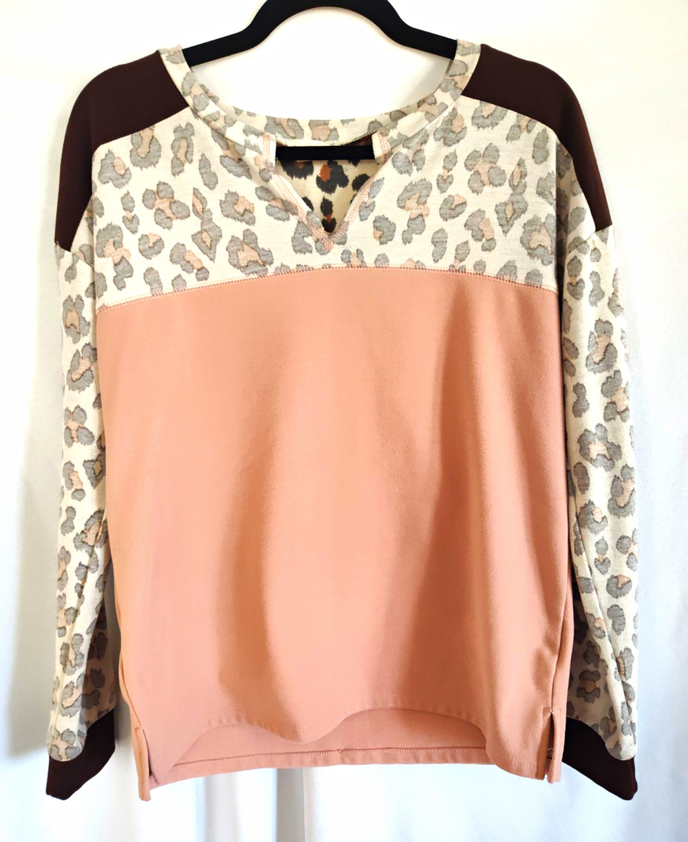 Hem & Thread Women’s S Pink Brown Colorblock Animal Print Knit Round Neck Top